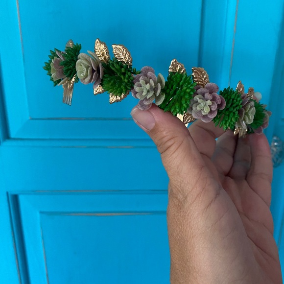 Crown Headband Faux Succulent Woodland Floral Handmade Wedding Prom Tiara Gold - Picture 8 of 11